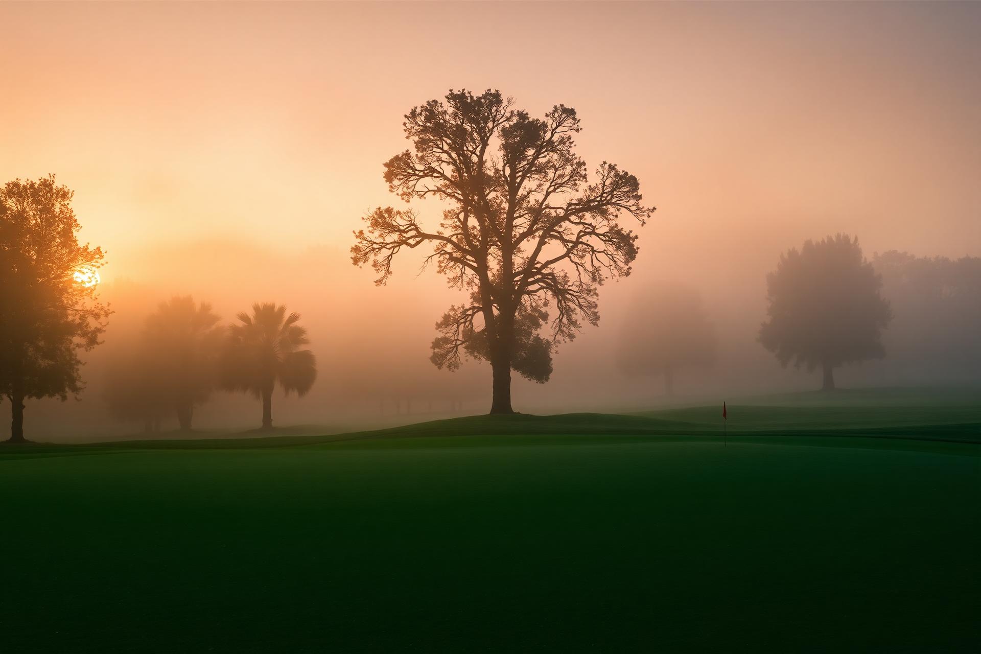 Misty fairway at sunrise